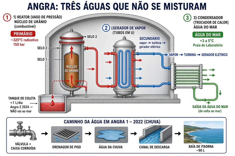 Figura. Três circuitos de um PWR e os dois eventos que a assessoria junta na mesma palavra. Em cima: goteira do selo 1 de Angra 2 (2024-2025) para o tanque interno. Embaixo: caminho de 2022 em Angra 1 até a Baía de Itaorna.